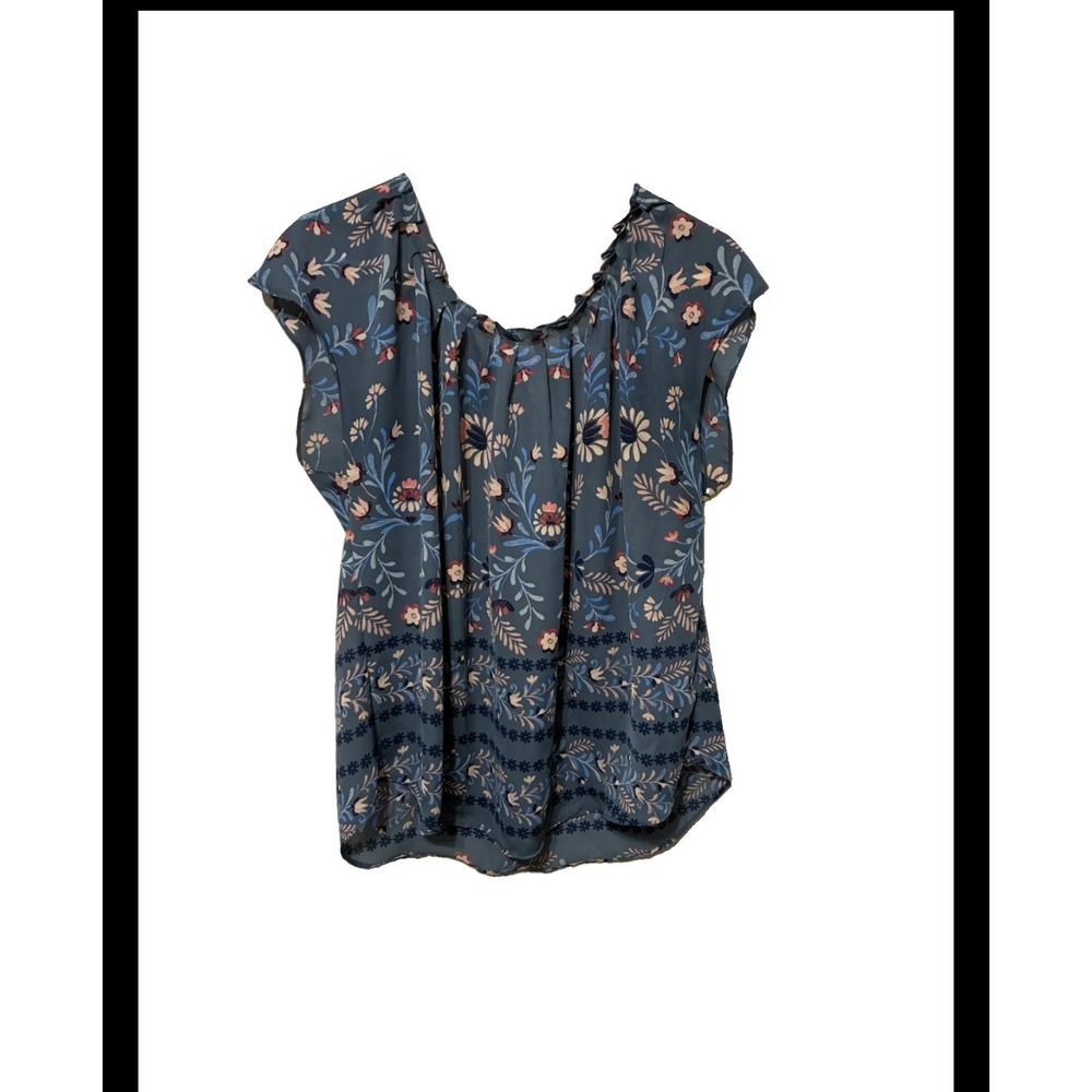 Lauren Conrad Blue Floral Cap Sleeve Blouse Tie Back Top Large